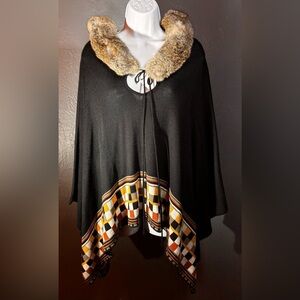 LA ROK LUX Women's Black Sweater Poncho with Real Rabbit Fur Detailed Hood